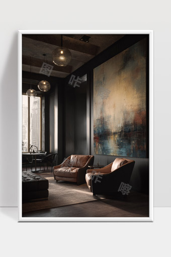 现代工业风格舒适客厅皮沙发与抽象艺术挂画