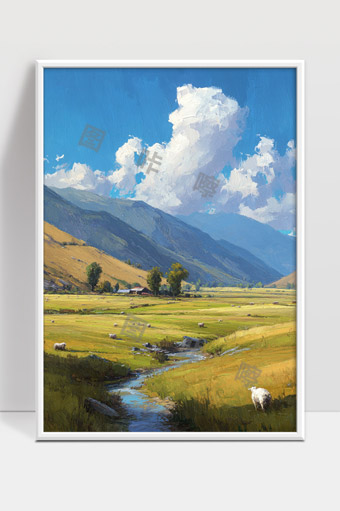宁静山谷牧场蓝天白云自然风光油画