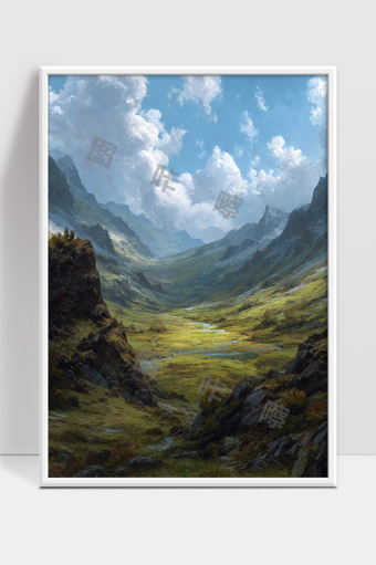 壮丽山谷中绿草如茵的自然风光与蓝天白云