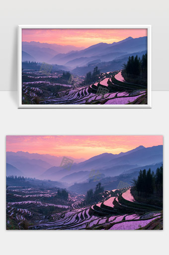 迷人晨曦下的梯田水田层层叠叠山峦起伏美景