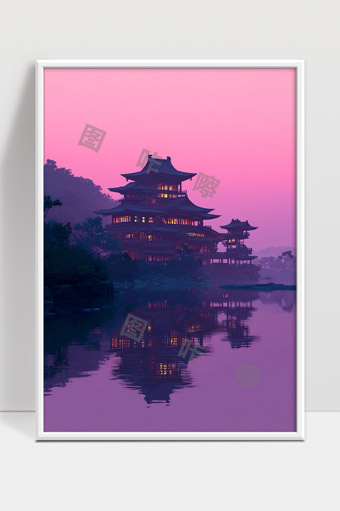 夕阳映照下的古代江南水乡传统建筑夜景