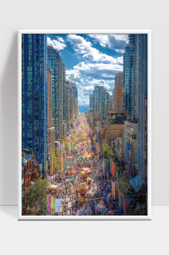 城市街道彩虹嘉年华盛大庆典人群熙攘热闹非凡