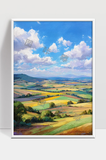 广阔田野与蓝天白云的美丽乡村风光