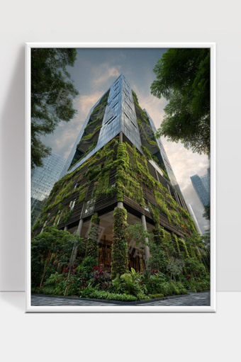 绿色植物覆盖现代城市高楼展示生态环保建筑理念