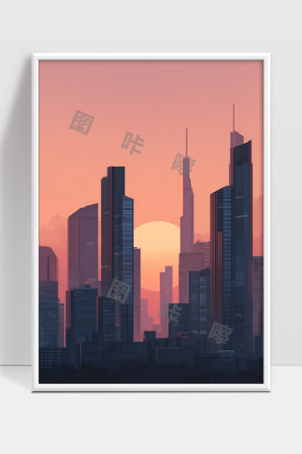 夕阳映照现代都市高楼林立的城市剪影
