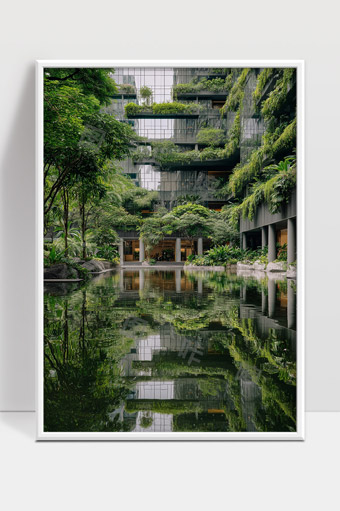 绿色植物环绕的现代城市生态办公大楼景观