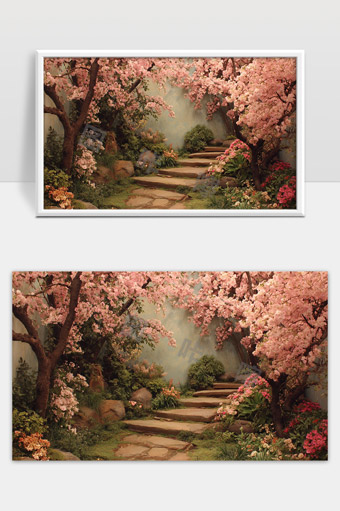 春日樱花盛开石径幽静花园美景