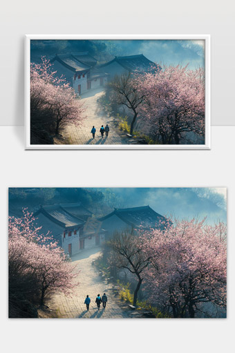 春日古村落桃花盛开三人漫步山间小径