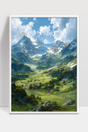 巍峨雪山下的翠绿山谷阳光明媚景色宜人