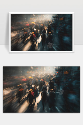 城市街道人流如织匆忙穿梭黄昏光影交错画面