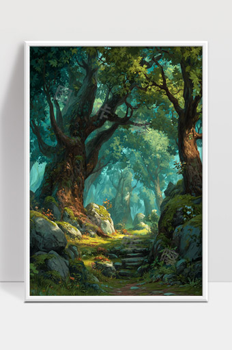 幽静森林古树石径阳光洒落自然风景