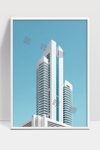 现代高层建筑白色外墙与蓝色玻璃幕墙完美结合