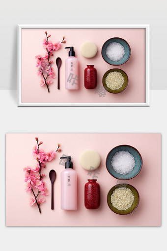 粉色背景美肤护肤品和天然草本材料平铺展示