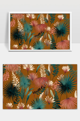 复古风格热带植物叶子装饰背景图案设计