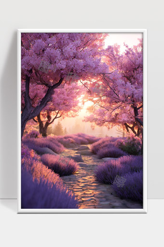 梦幻紫色花海中的晨光小径