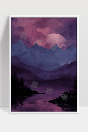紫色暮光下的静谧山水夜景月光映照