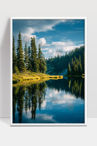 宁静湖泊映照郁郁葱葱的松树林与蓝天白云