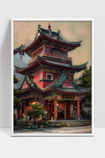 古典风格中国传统建筑独特三层寺庙风貌展示