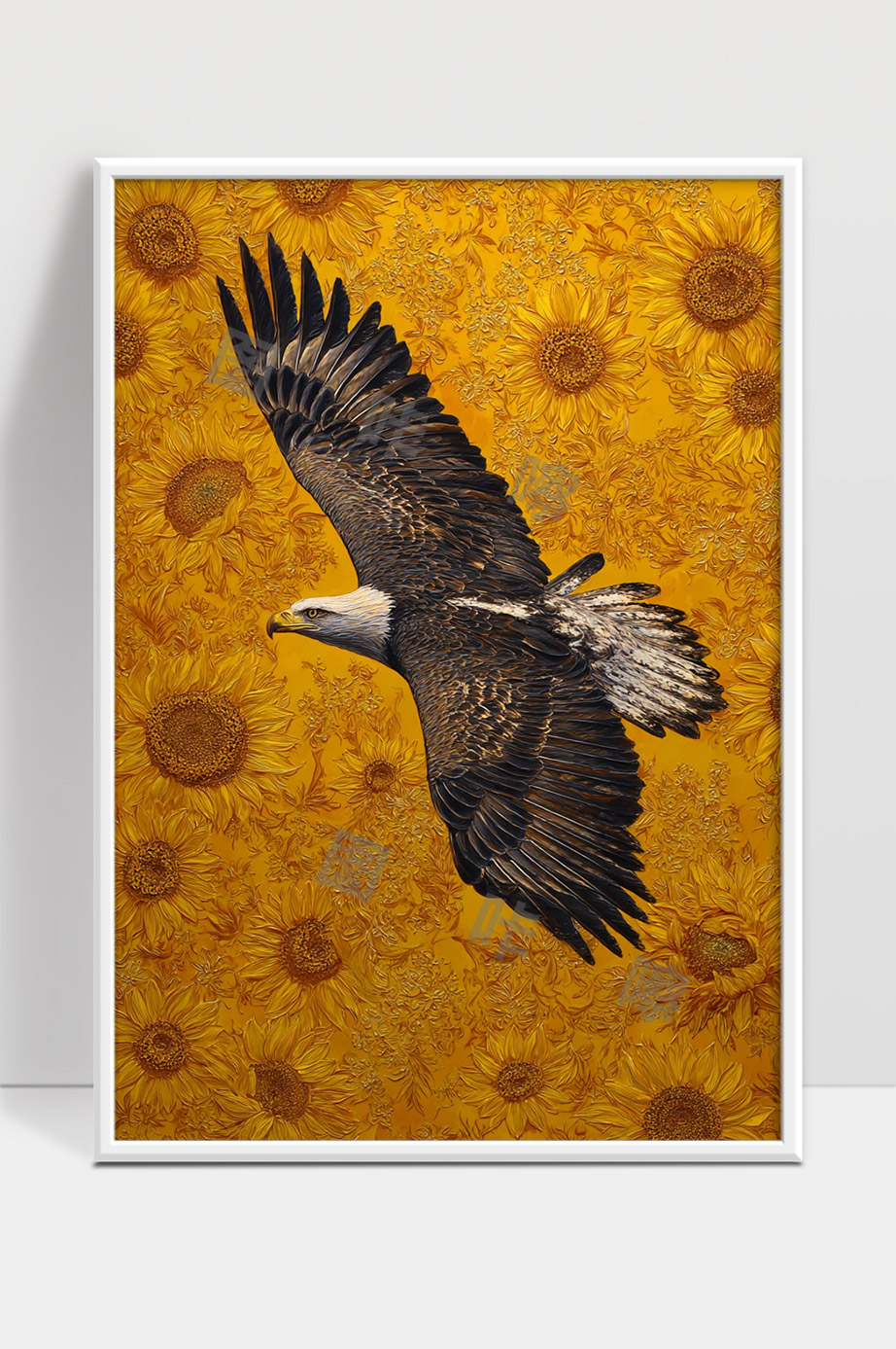展翅高飞的雄鹰与灿烂向日葵背景