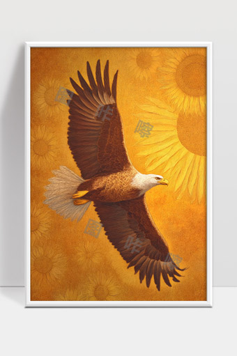 展翅高飞的雄鹰与盛开的向日葵背景画作