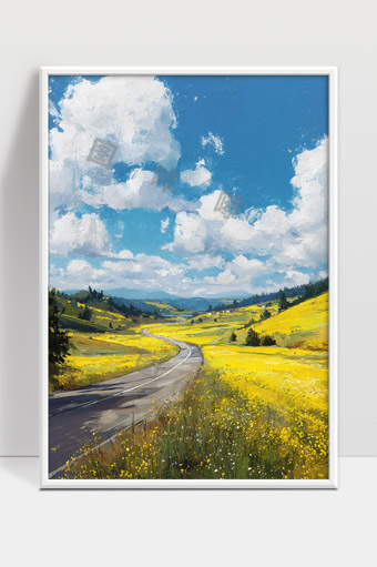 春日乡间长路延伸黄色花海蓝天白云