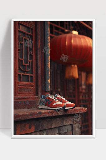 古建筑前的红色运动鞋展现复古与现代结合之美