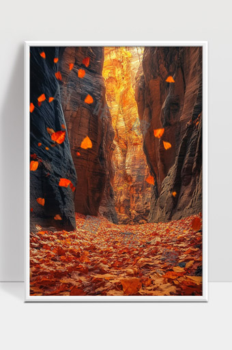 秋日峡谷落叶满地光影斑驳山岩风光