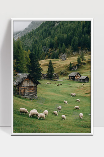 宁静山间牧场羊群悠闲漫步田园风光