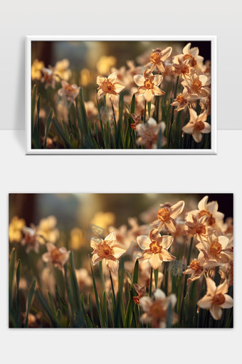 温暖黄昏中的水仙花田静谧美丽自然风光