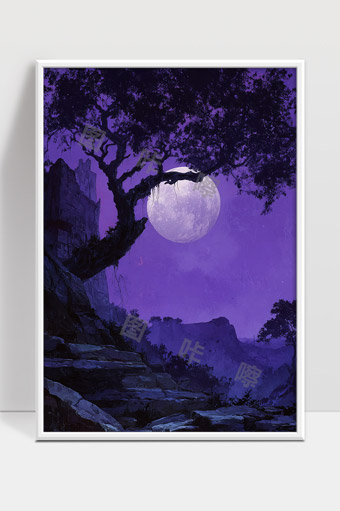 月夜下古树苍翠山间神秘幽静自然风光