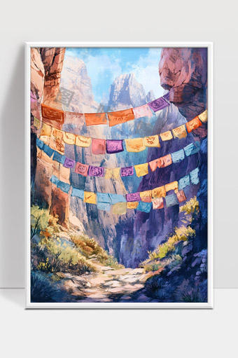 峡谷中五彩经幡飘扬的宁静自然风光