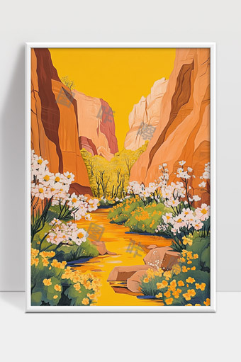 峡谷花海春日盛景温暖色调自然风光绘画