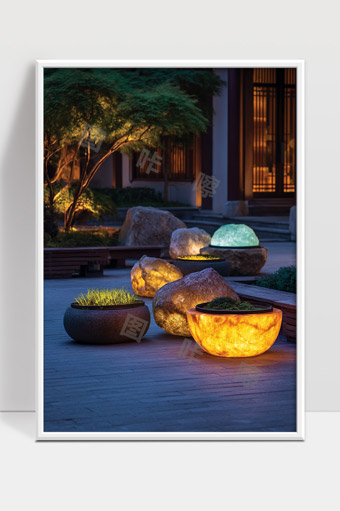 夜晚庭院中的创意发光花盆景观设计