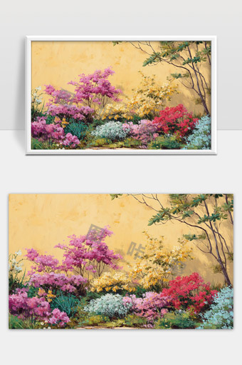 春天绽放的五彩斑斓花园美景油画作品