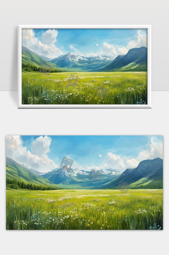 美丽山谷中的绿色草原和蓝天白云风景画