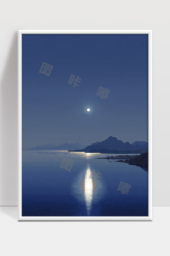 宁静夜晚湖面月光映照山水风景图