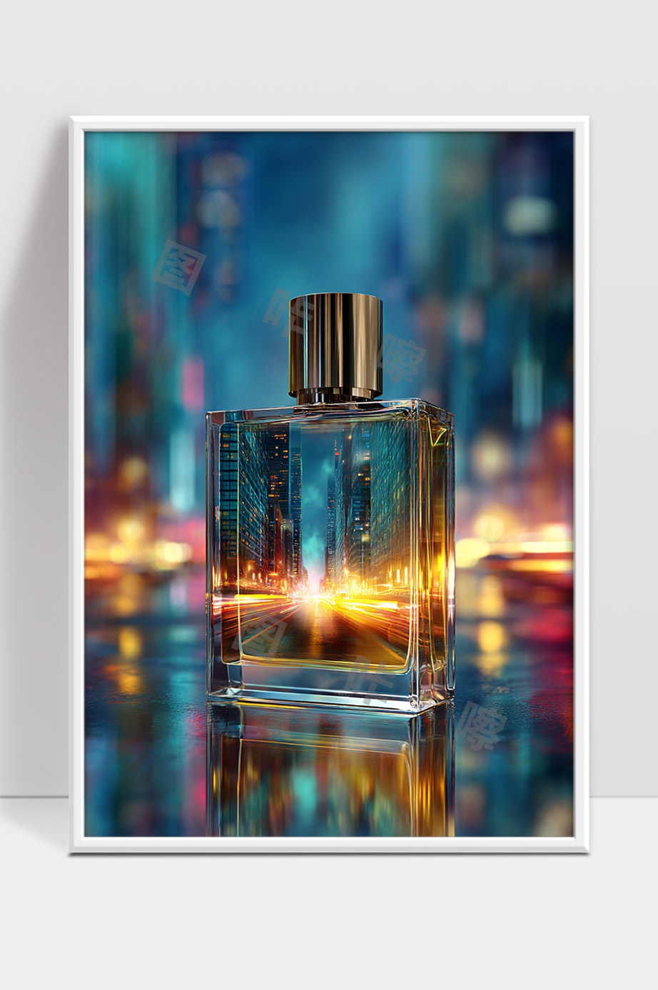 都市夜景与香水瓶光影交织的现代艺术画面