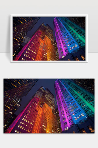 夜晚霓虹灯光映照下的现代城市高楼群