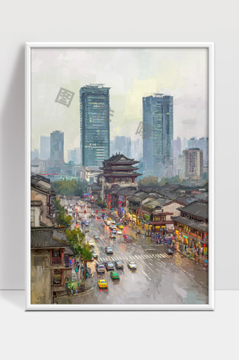 古今交融的城市街道雨后繁忙景象