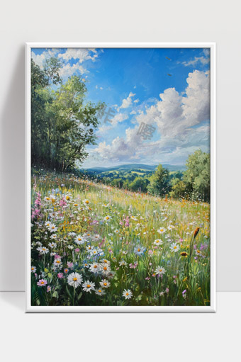 春日田野花海蓝天白云宁静美景油画作品