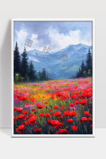 绚丽花海映衬高山风光自然美景画作