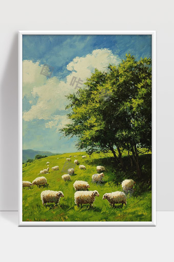 宁静牧场阳光下羊群与蓝天白云美丽风光