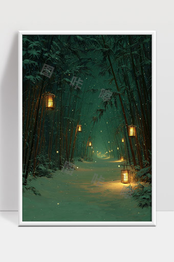 幽静竹林夜晚灯笼照亮雪中小径美景