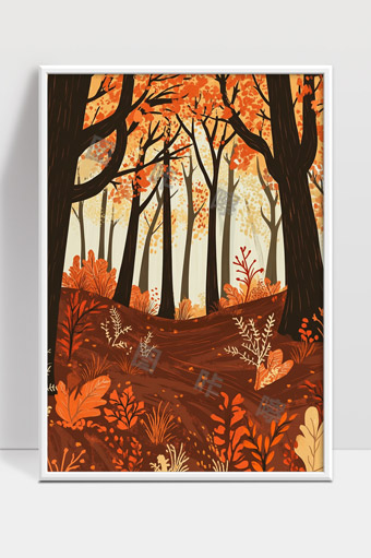 秋天森林落叶满地枫叶红黄相间美丽景色