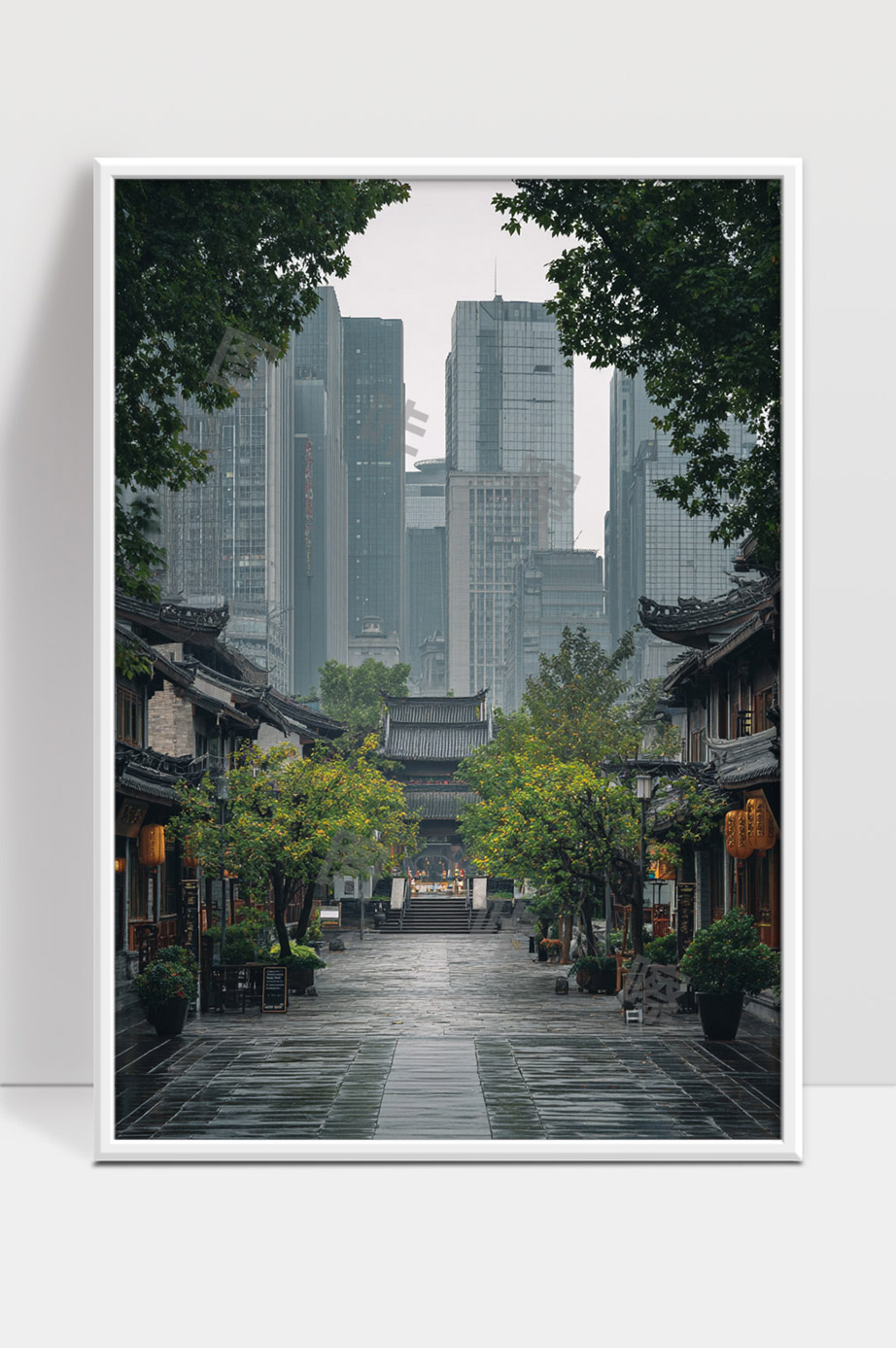 古今建筑交融中秋节前雨后宁静街道景象