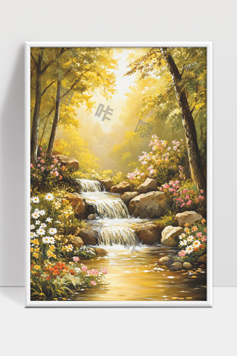 宁静森林溪流春日花海阳光洒落美景画