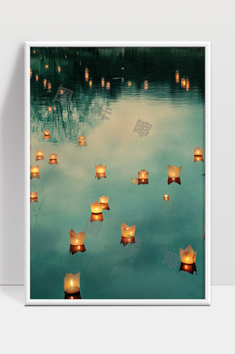 夜晚湖面漂浮的许愿灯火光映照水面静谧安宁