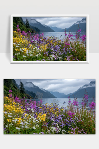 高山湖畔春季野花绽放自然风光美景