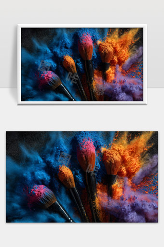 彩色粉末与画笔艺术创意色彩爆炸效果展示