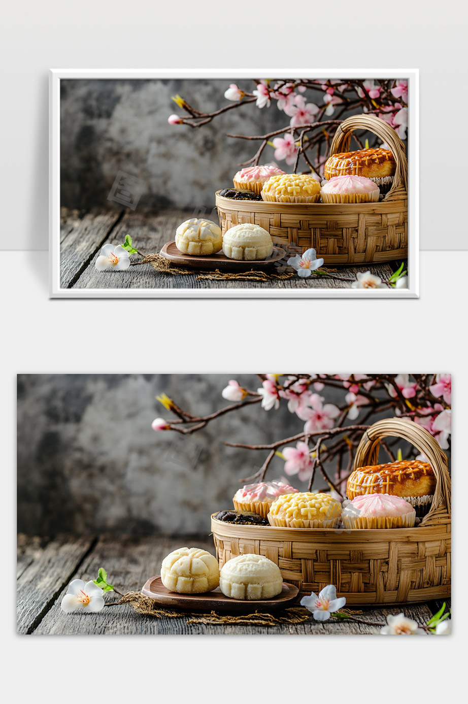 传统中秋月饼与春季桃花风景美食展示